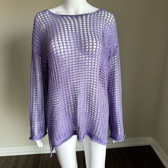 Crotchet Flare Sleeve Purple Knit Top Sweater - Picture 4 of 6